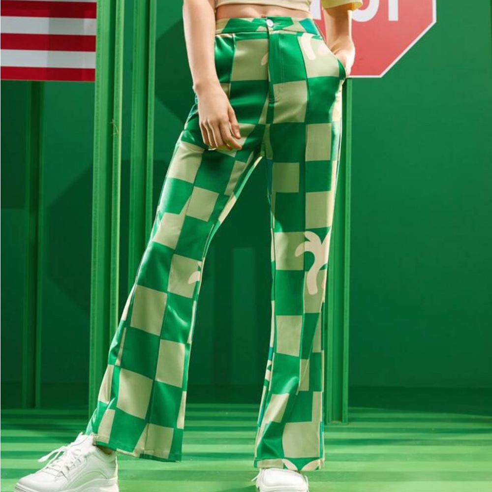 SHEIN Green and Cream Checkered Flare Pants